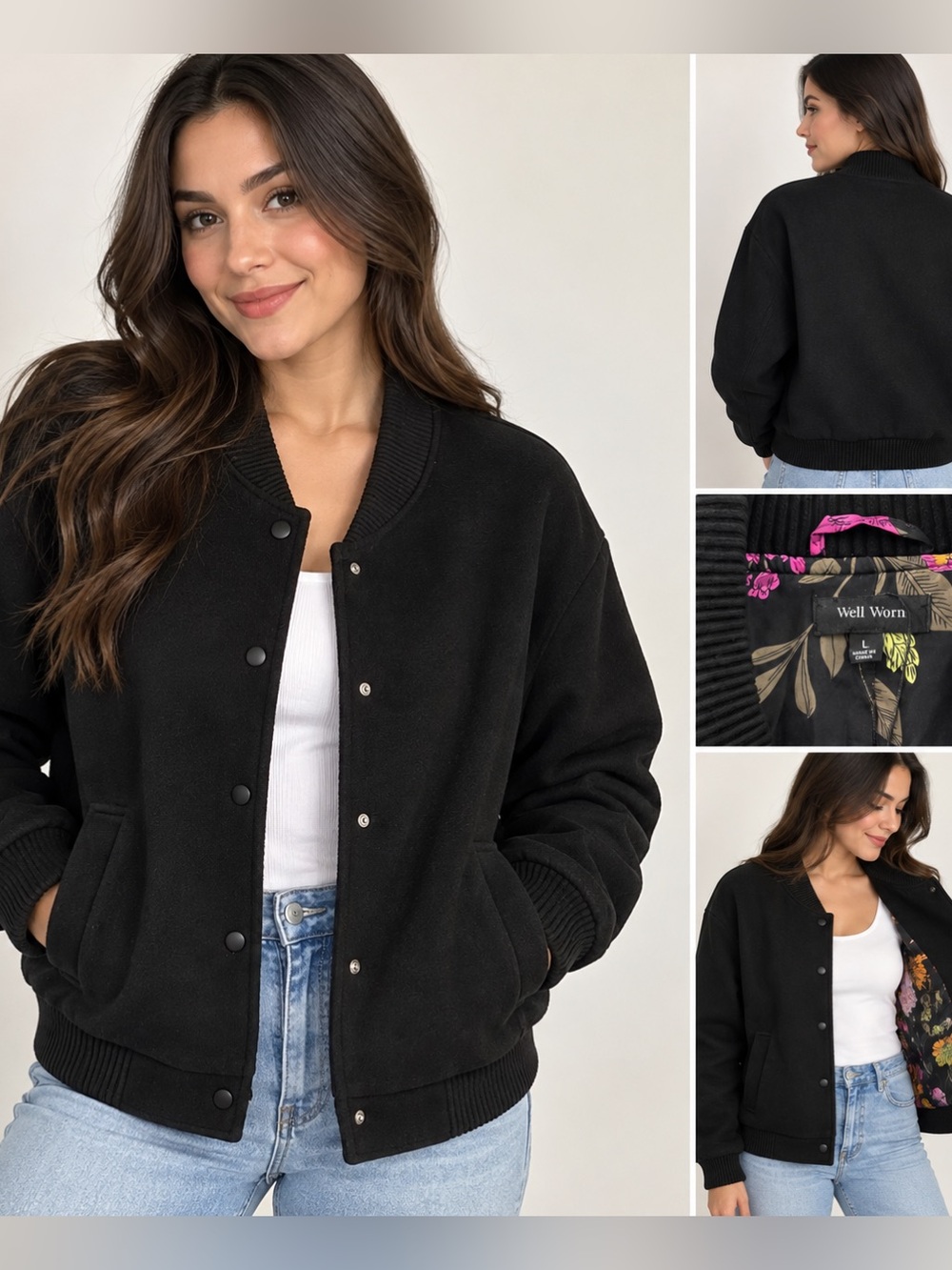 Well Worn Black Bomber Jacket size large fall coat feminine preppy gift varsity